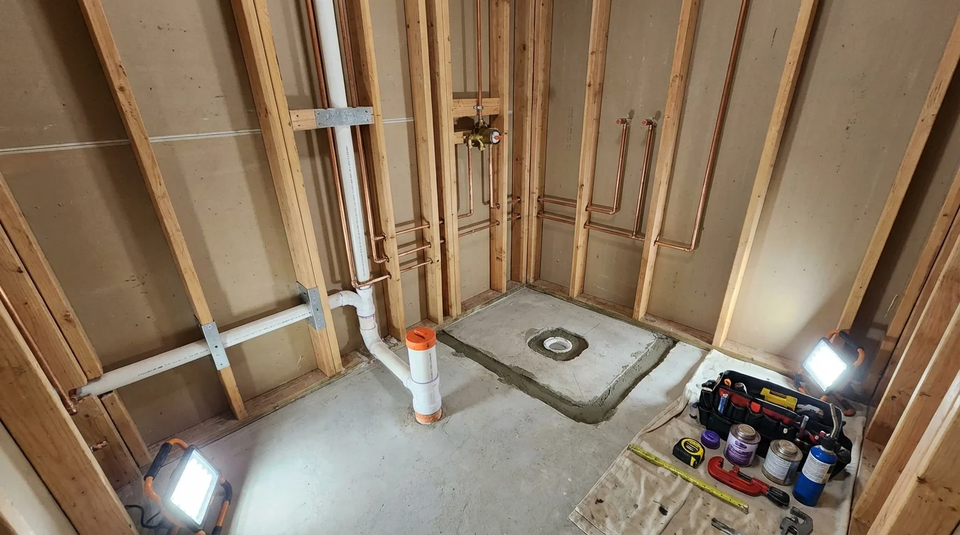 Bathroom rough-in plumbing during remodel by Johns Plumbing LLC in Volcano