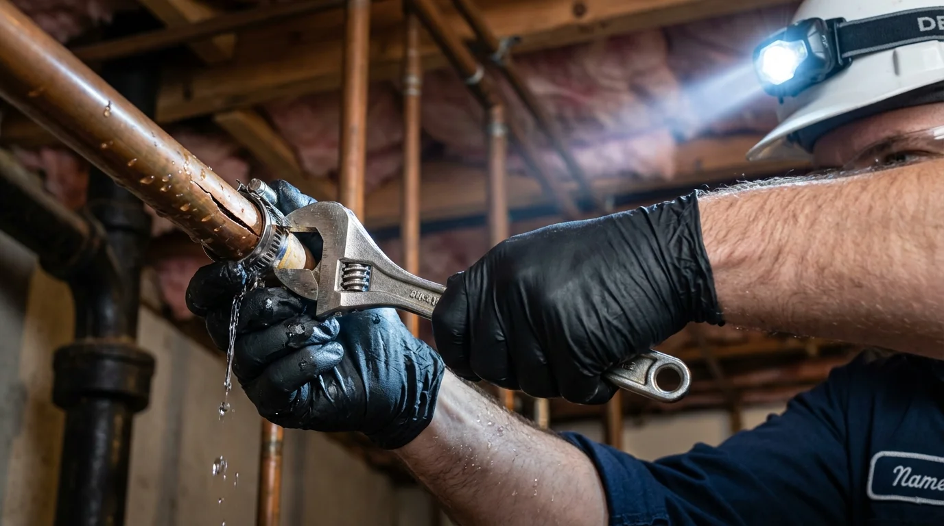 Emergency pipe clamp repair being performed by a Johns Plumbing LLC plumber in Volcano