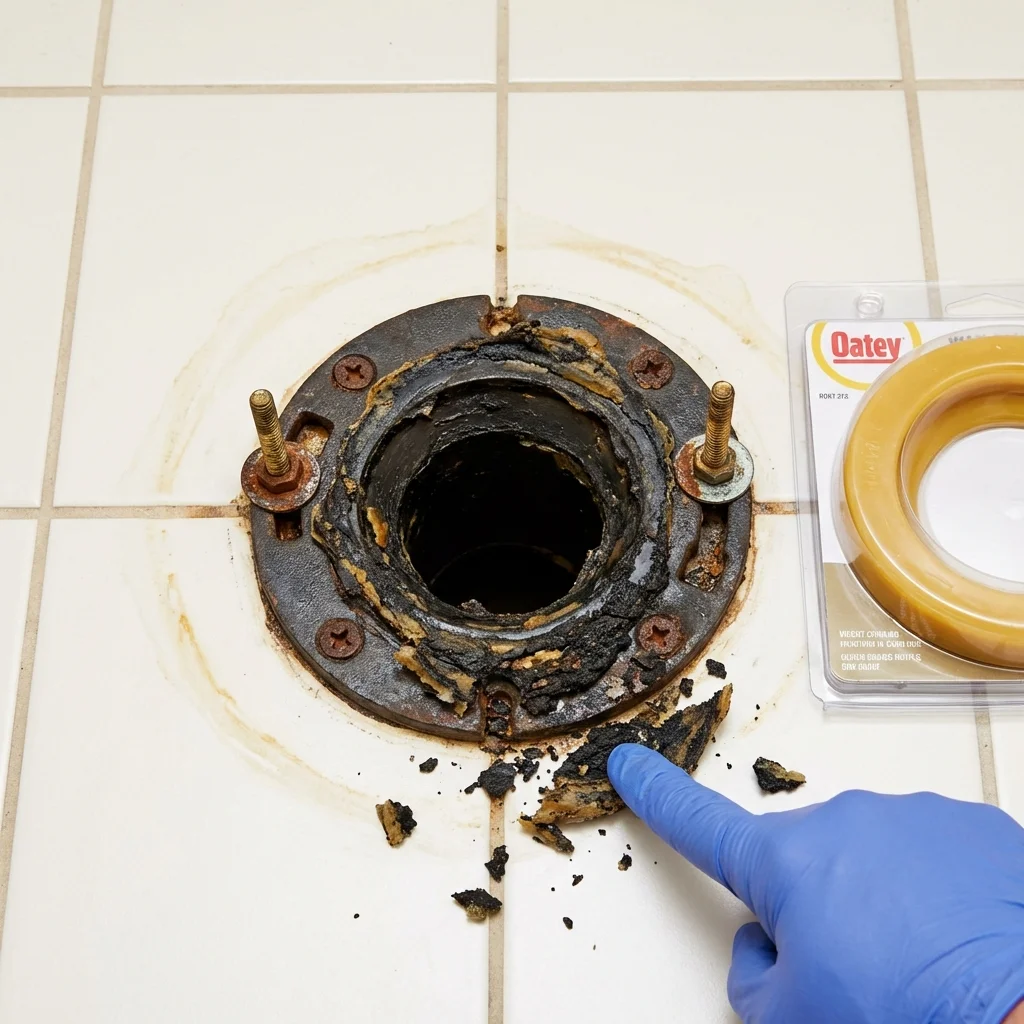 Failed wax ring showing water seepage at the base of a toilet in a Volcano, HI home